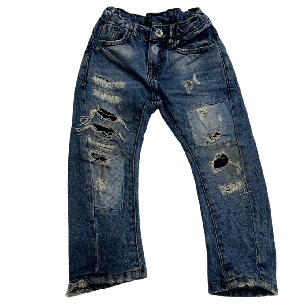 Zara Boys Distressed Patchwork Jeans Size 104 Blue Elastic Waist - Picture 3 of 12
